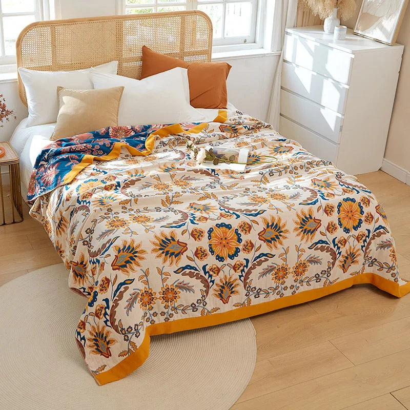 Lightweight Cotton Gauze Blanket Floral King Size Breathable Summer Coverlet for Bed Sofa Throw All-Season | Lonoma