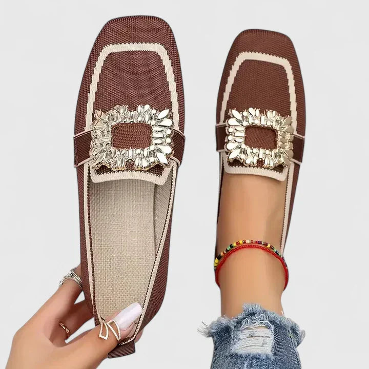 Square-Toe Slip-On Flats with Jewel Embellishment in Beige, Black, Brown, Blue & Orange – Elegant Everyday Footwear for Spring & Summer | Koossa