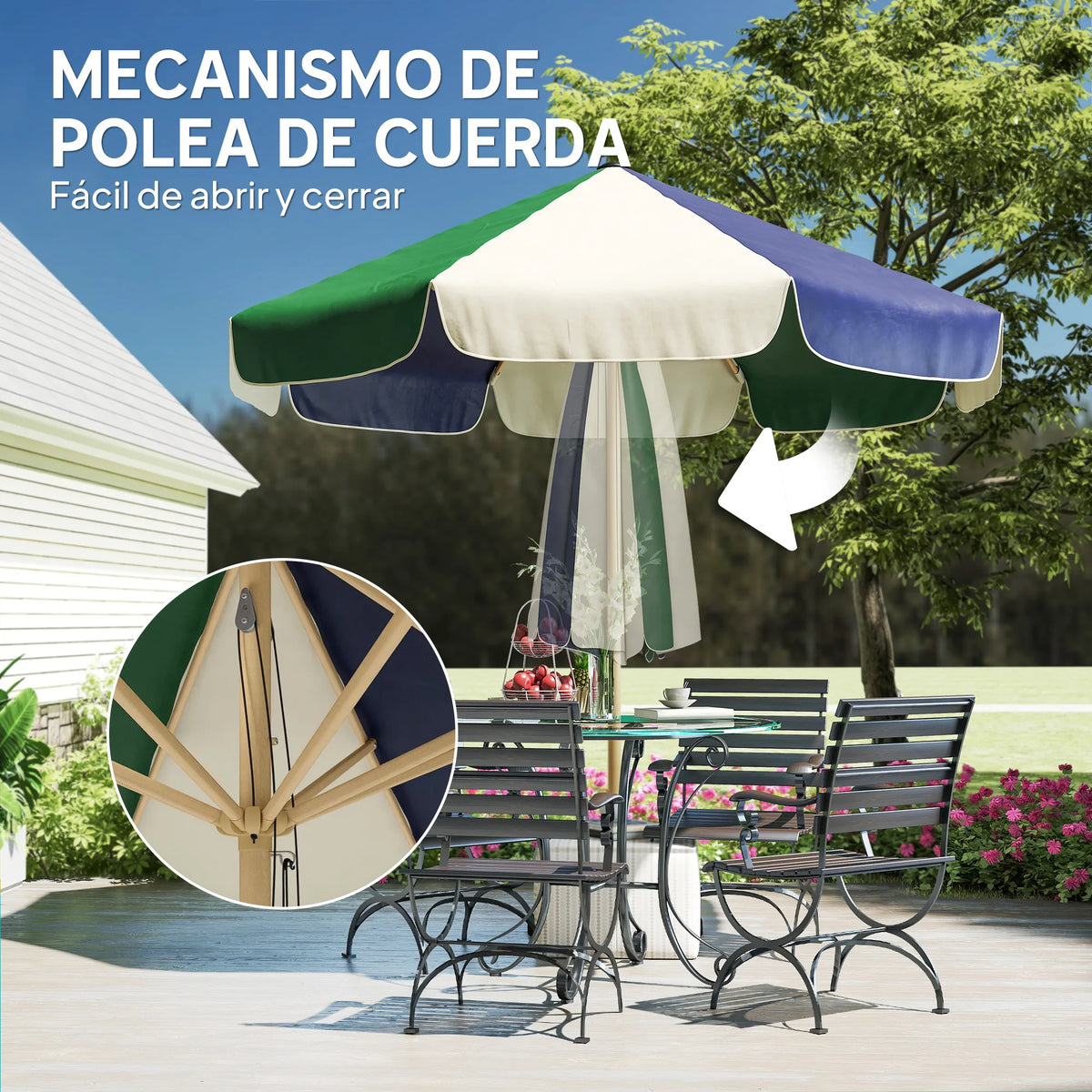 7.5 ft Patio Umbrella with Pulley System, Two-Tone Dark Green & Cream Canopy, UPF 30+ Sun Shade for Deck Balcony Pool Garden | Lonoma