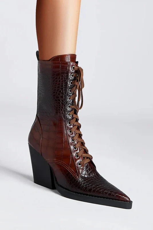 Croc-Effect Pointed Block Heel Lace-Up Ankle Boots in Brown and Black | Koossa