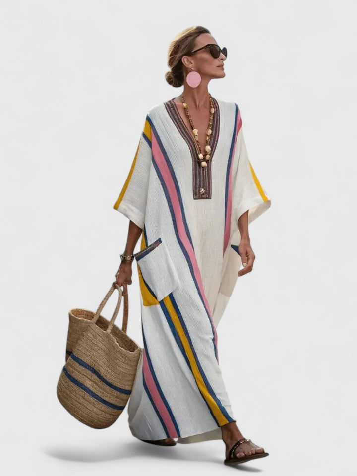 Women's V-Neck Maxi Dress in Lightweight Fabric with Relaxed Flowing Silhouette for Summer Occasions | Koossa