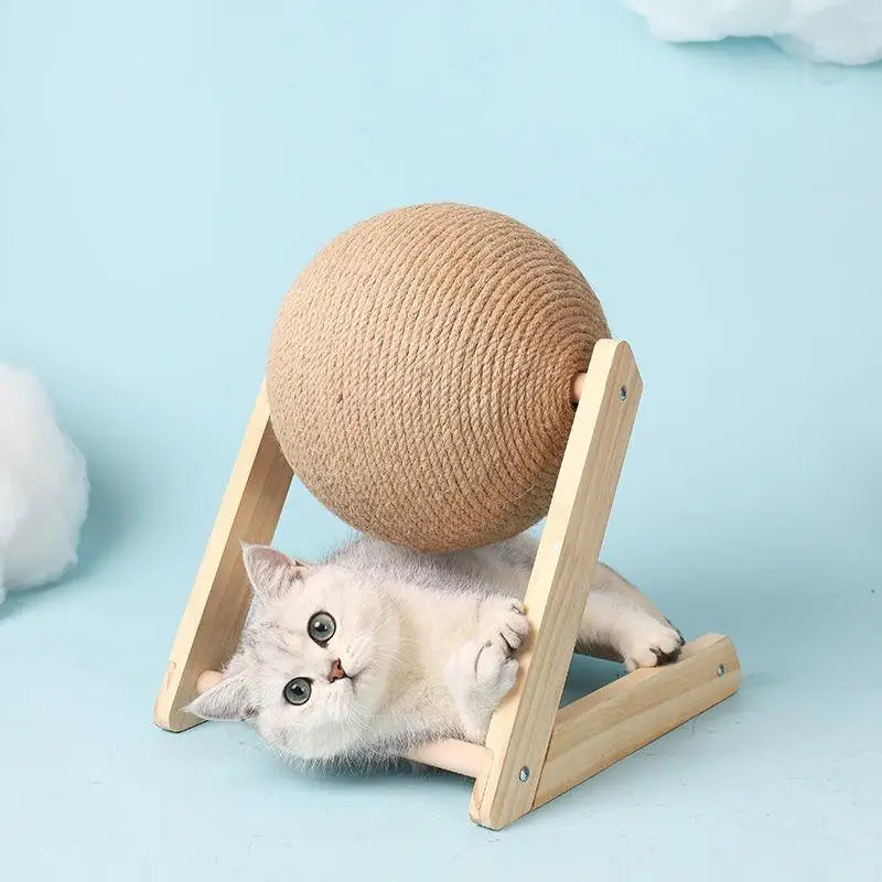 Cat Scratching Ball Sisal Rope Wood Stand 12cm or 16cm Rotating Sphere Triangle Base Indoor Claw Grinding Toy Natural Material | Koossa