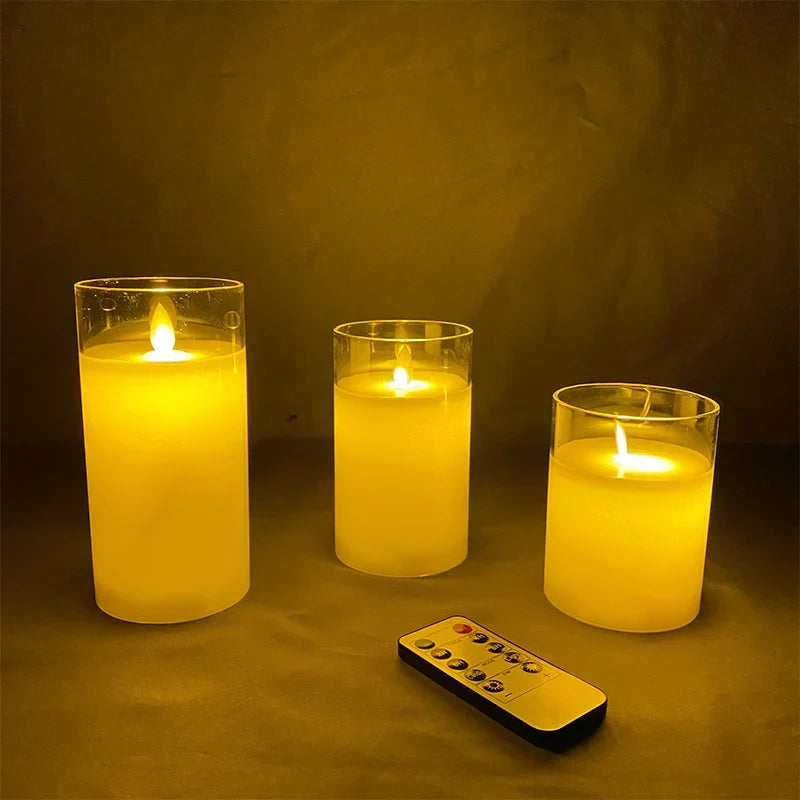 Flameless LED Pillar Candles Set of 3, Battery Operated Flickering Candles with Timer, Amber Smoke Clear for Dining Table & Mantel Decor | Lonoma