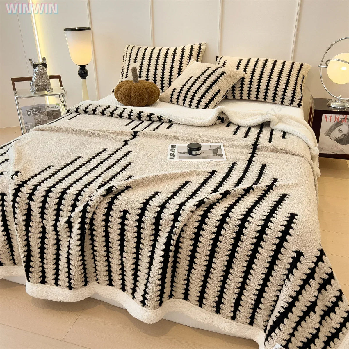 Geometric Striped Fleece Throw Blanket Reversible Sherpa Ultra Plush Cozy Winter Soft Warm 100% Polyester for Bed Couch Living Room Bedroom | Lonoma