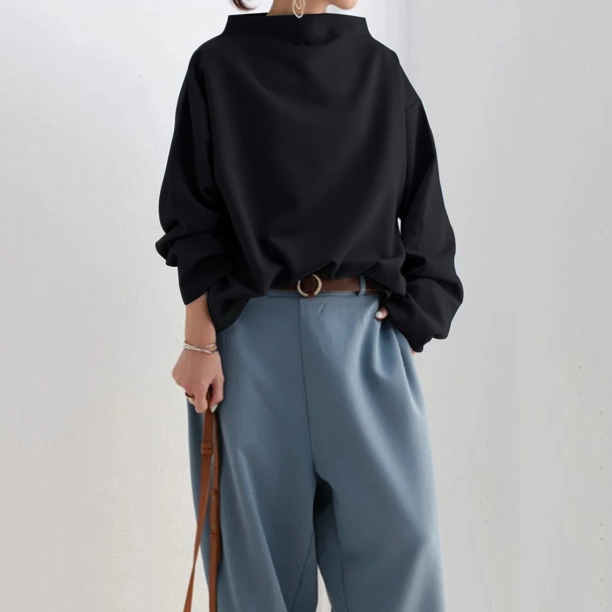 Women's High-Neck Long Sleeve Top in Soft Jersey | Classic Layering Essential for Smart-Casual Everyday Elegance | Koossa