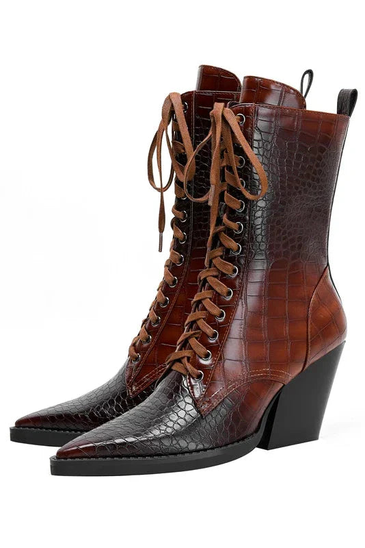 Croc-Effect Pointed Block Heel Lace-Up Ankle Boots in Brown and Black | Koossa