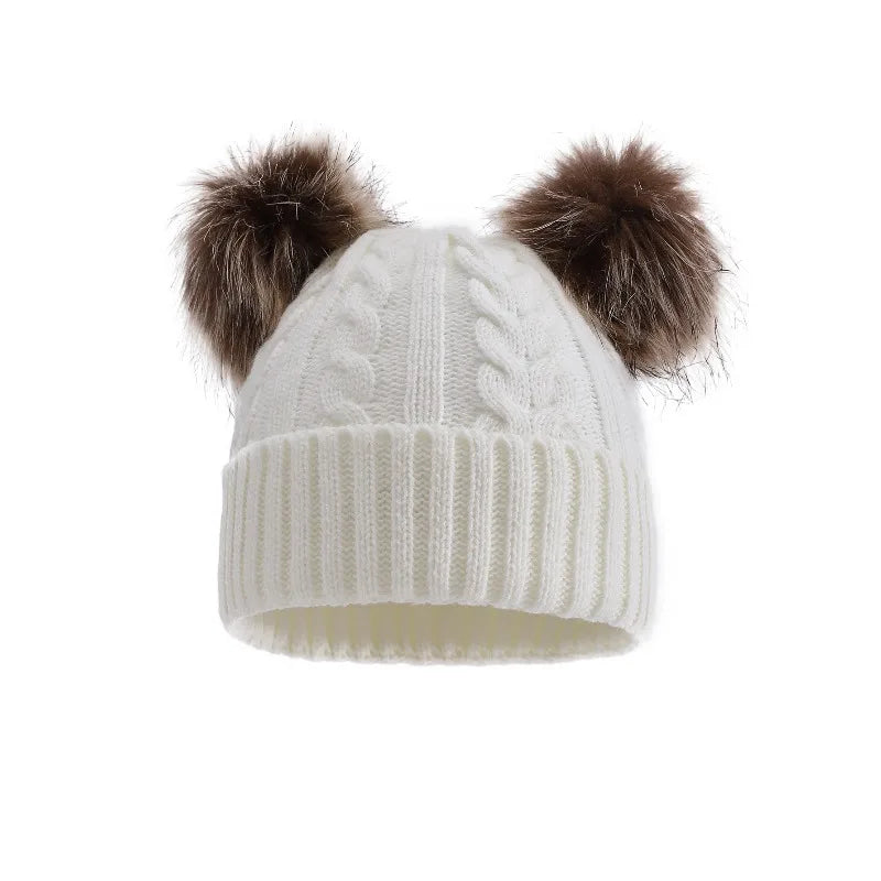 Women's Beanie Hat with Dual Faux Fur Pom-Poms – Chunky Cable Knit Winter Cap with Cuffed Design for Cold Weather | Lonoma