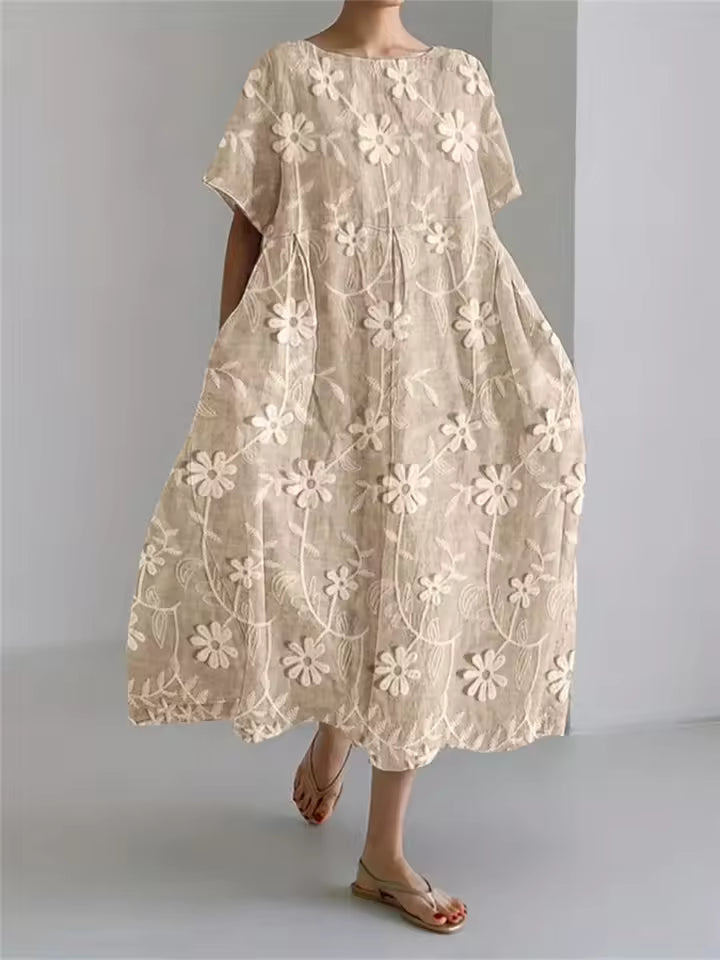 Women's Floral Midi Dress with Relaxed Silhouette and Round Neckline for Effortless Elegance | Koossa