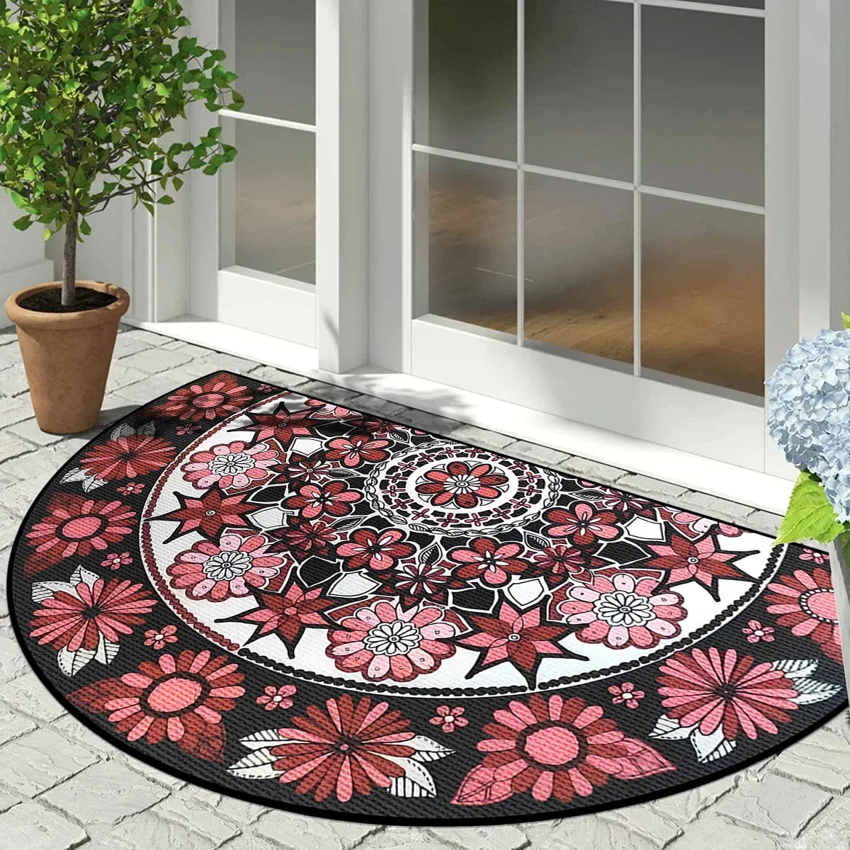 Half-Moon Non-Slip Doormat Geometric Mosaic Print for Entry Patio | Vintage Floral Patchwork Design Indoor Outdoor Mat | Lonoma