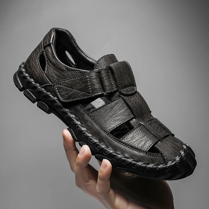 Closed-Toe Leather Fisherman Sandals for Men in Brown, Black and Grey – Supportive Everyday Summer Footwear with Adjustable Fastening and Breathable Cutout Design | Koossa