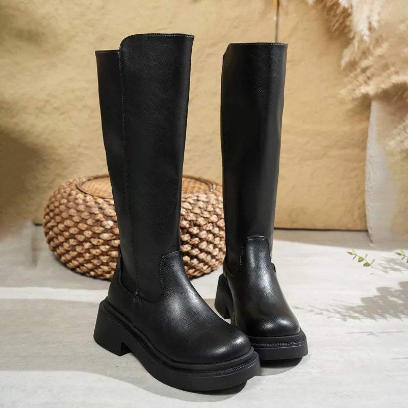Women's Leather Knee-High Boots with Block Heel in Black and Brown | Koossa