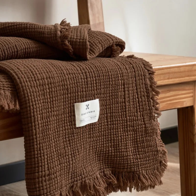 Cotton Gauze Throw Blanket with Tassels 4-Layer Breathable Lightweight for Couch Bed Sofa Decorative All-Season Use | Lonoma