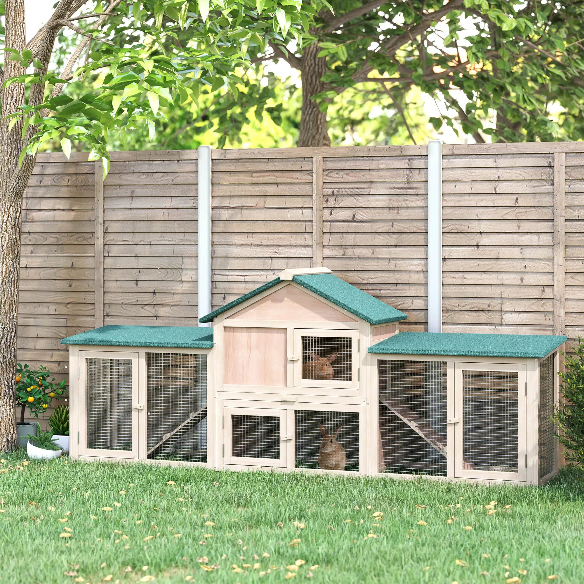 Rabbit Hutch Outdoor Large 2-4 Rabbits Wooden Guinea Pig Cage House Run 210cm Weatherproof Asphalt Roof Pull-Out Tray | Koossa