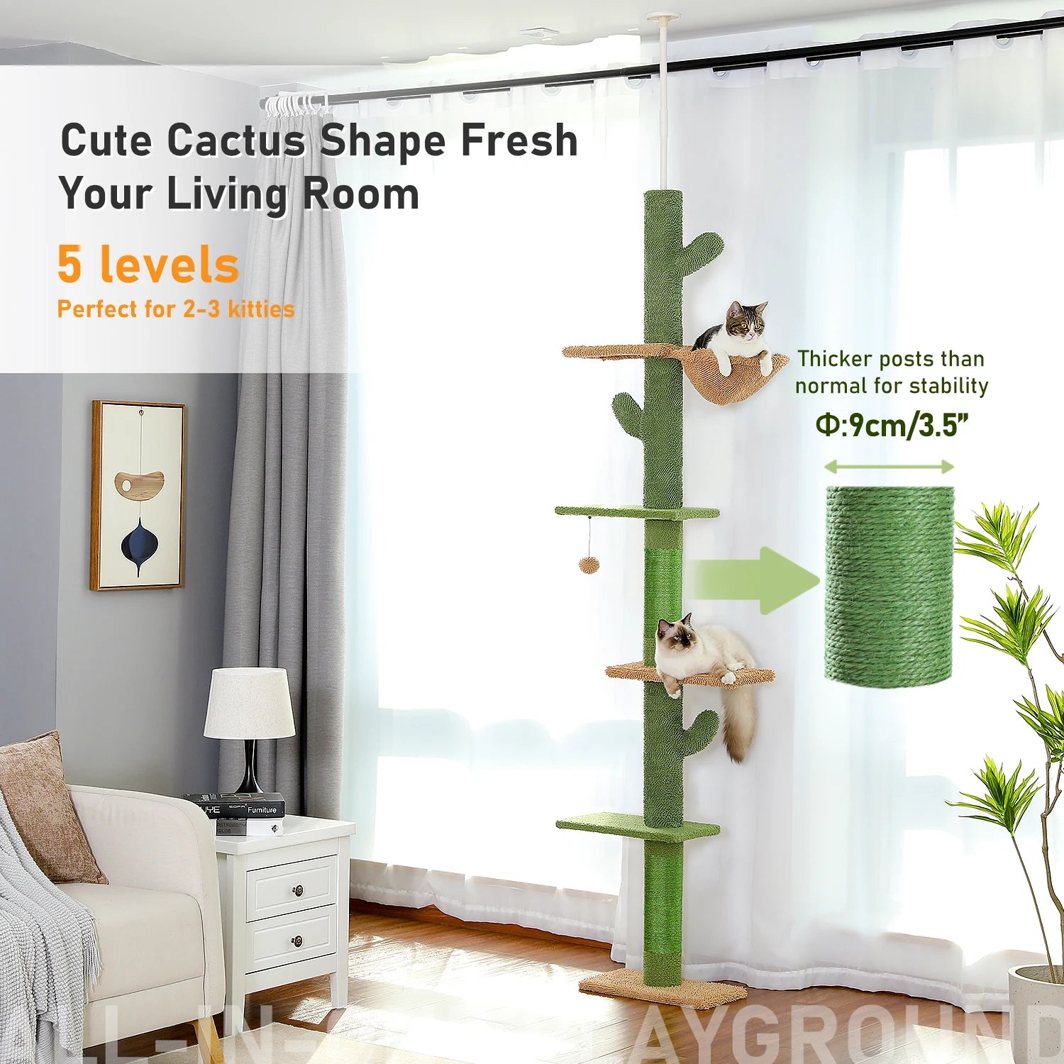 Cat Tree Floor-to-Ceiling Cactus 5-Level Adjustable Height 240-275cm Sisal Posts 9cm Hammock Scratching Tower Multi-Cat Tension Pole Wall-Mounted | Koossa