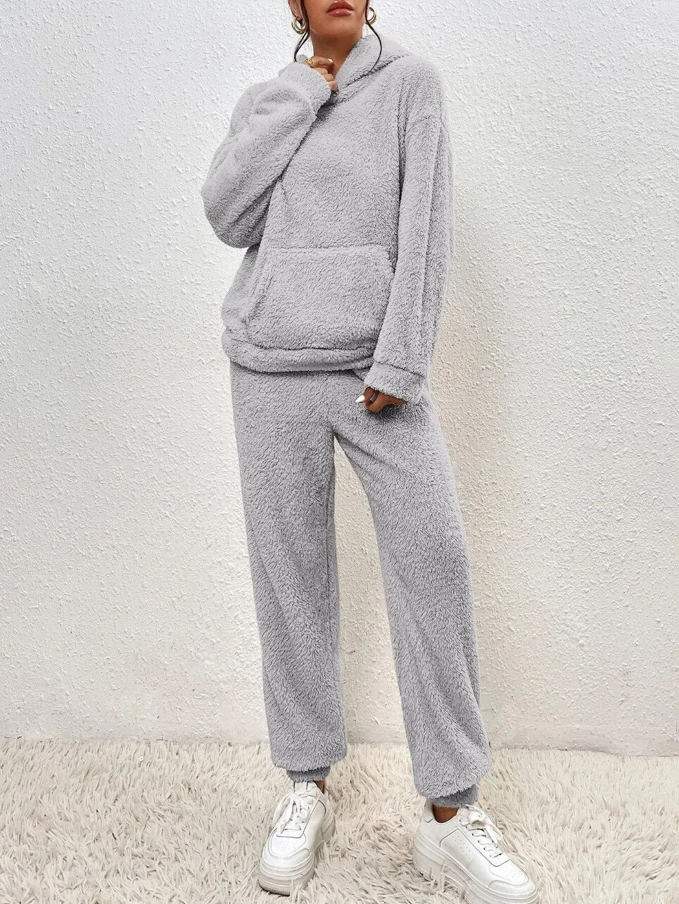 Hooded Fleece Lounge Set Women's Two-Piece Teddy Sweatsuit with Kangaroo Pocket for Winter Cozy Homewear Soft Plush Tracksuit | Lonoma