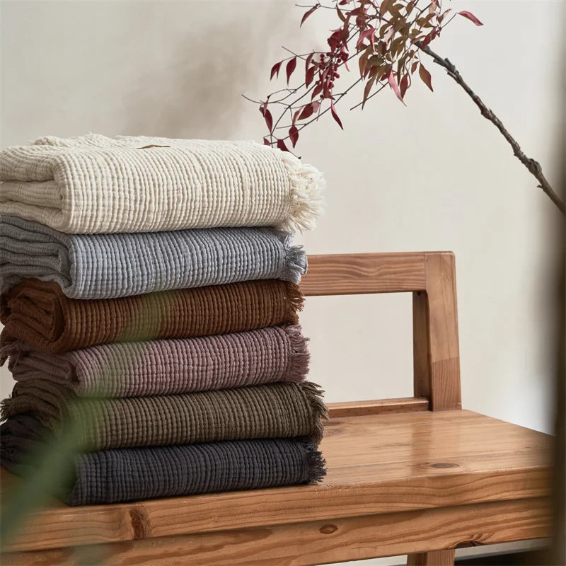 Cotton Gauze Throw Blanket with Tassels 4-Layer Breathable Lightweight for Couch Bed Sofa Decorative All-Season Use | Lonoma