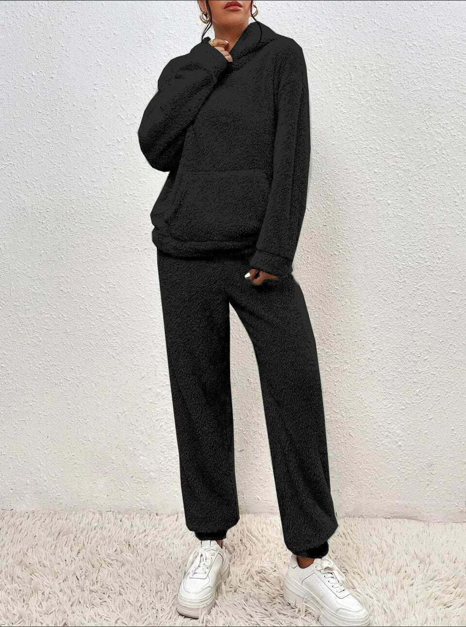 Hooded Fleece Lounge Set Women's Two-Piece Teddy Sweatsuit with Kangaroo Pocket for Winter Cozy Homewear Soft Plush Tracksuit | Lonoma