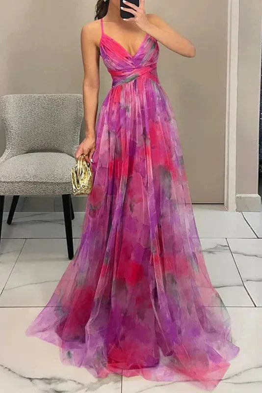 Watercolour Floral Maxi Dress with Pleated Skirt | Cross-Wrap Bodice | Adjustable Straps | Women's Full-Length Occasion Dress | Koossa