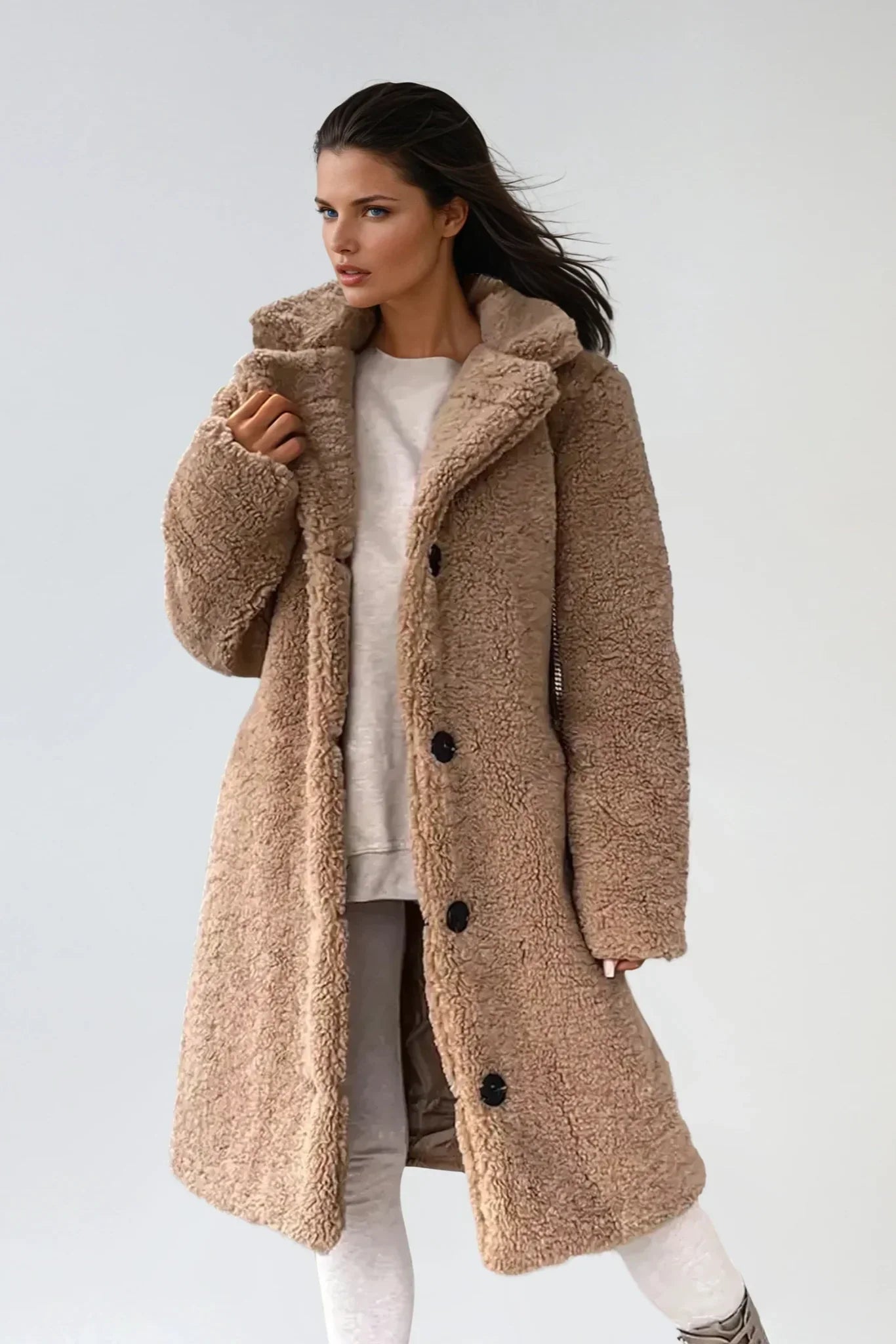 Longline Faux Fur Coat in Soft Teddy Texture with Notched Collar for Elegant Winter Layering | Koossa