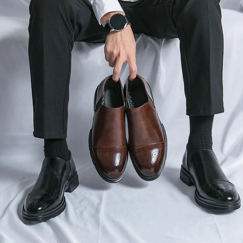 Men's Leather Slip-On Brogues with Cap Toe Detail in Black and Brown | Classic Formal Footwear for Business and Evening Occasions | Elegant Dress Shoes with Elastic Gusset | Koossa