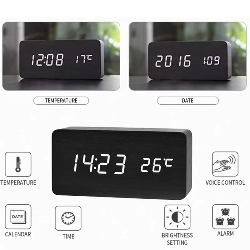 Horloge numérique LED finition bois avec température alarmes multiples fonction snooze pour chambre bureau | Koossa