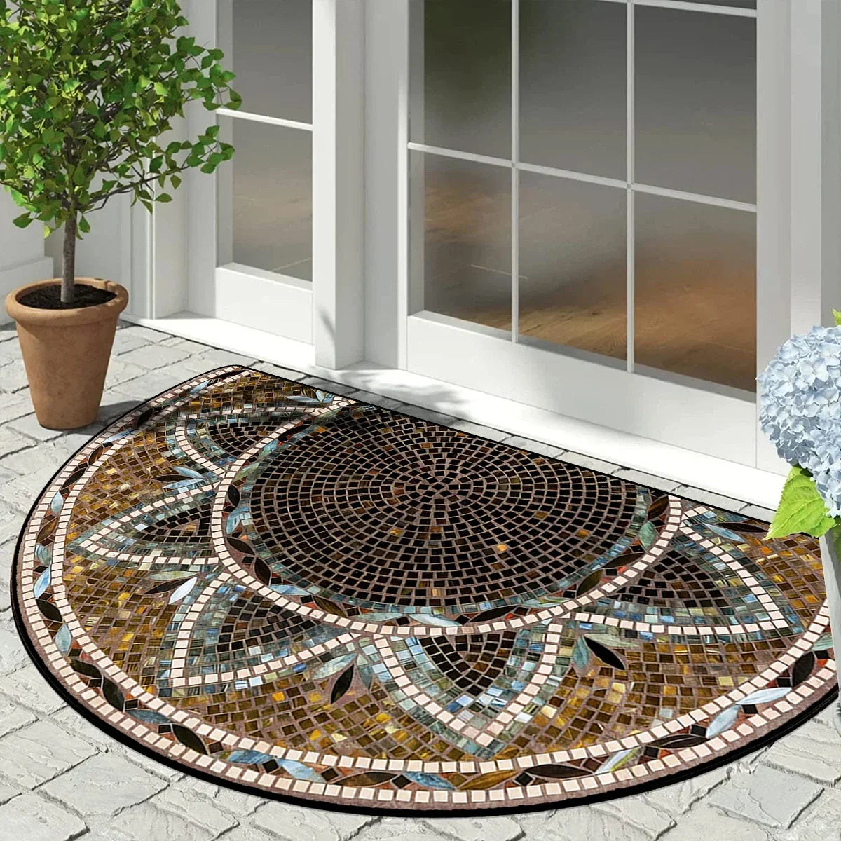 Half-Moon Non-Slip Doormat Geometric Mosaic Print for Entry Patio | Vintage Floral Patchwork Design Indoor Outdoor Mat | Lonoma