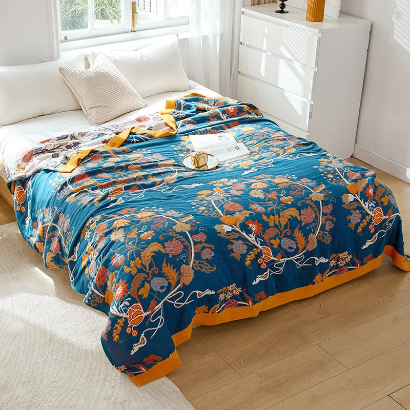 Lightweight Cotton Gauze Blanket Floral King Size Breathable Summer Coverlet for Bed Sofa Throw All-Season | Lonoma