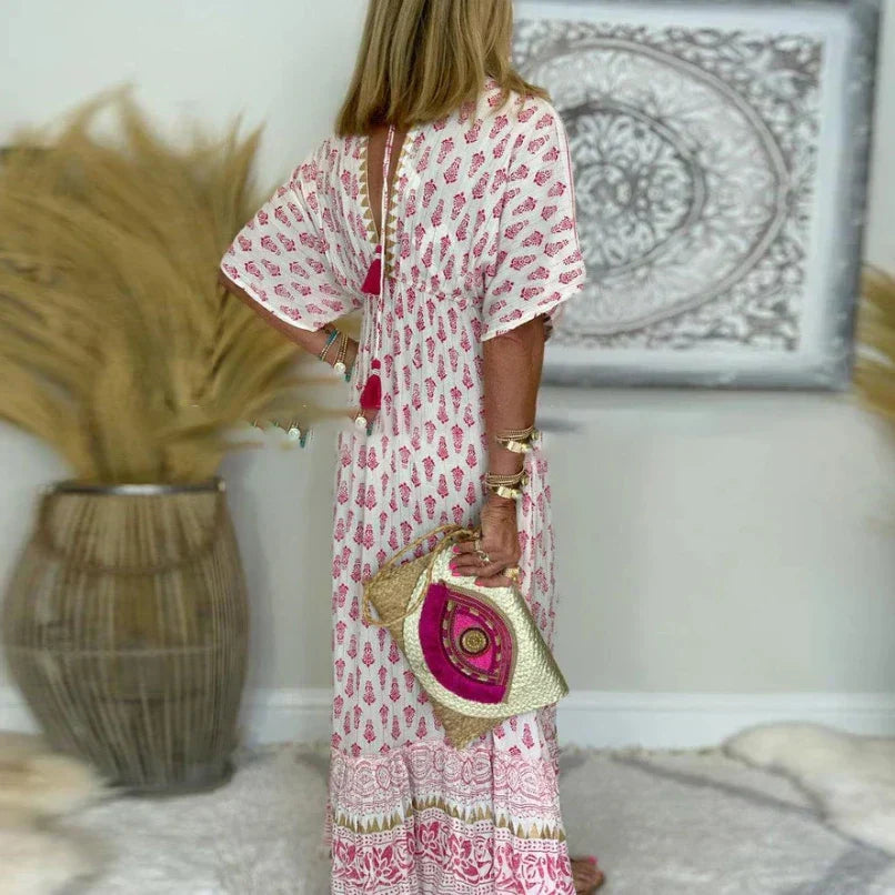 Women's Tassel-Trim Maxi Dress in Pink — Lightweight Summer Dress Flowing Occasion Wear | Koossa