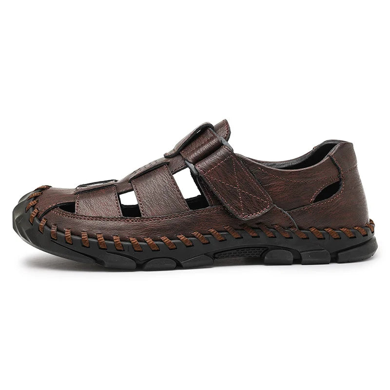 Closed-Toe Leather Fisherman Sandals for Men in Brown, Black and Grey – Supportive Everyday Summer Footwear with Adjustable Fastening and Breathable Cutout Design | Koossa