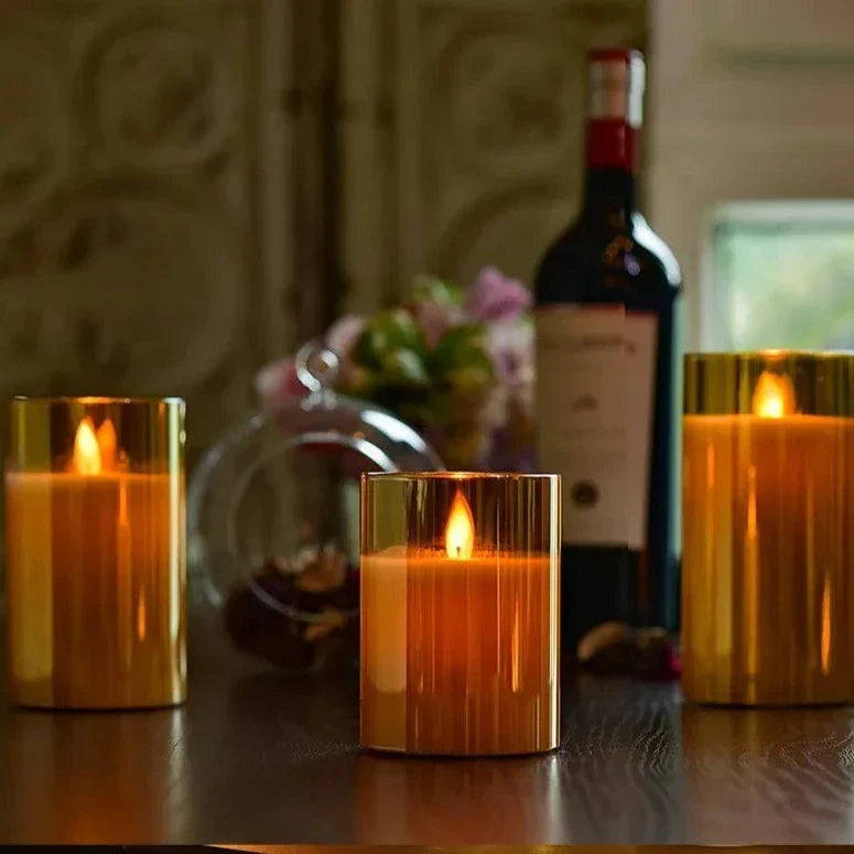 Flameless LED Pillar Candles Set of 3, Battery Operated Flickering Candles with Timer, Amber Smoke Clear for Dining Table & Mantel Decor | Lonoma
