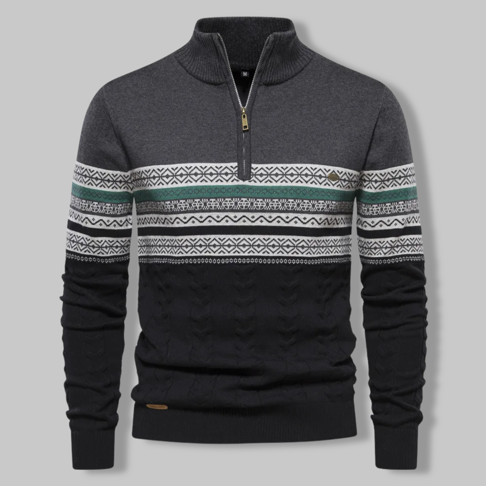 Men's Quarter-Zip Pullover Sweater with Nordic Pattern and Cable Knit – Cozy Stand Collar for Fall and Winter | Lonoma