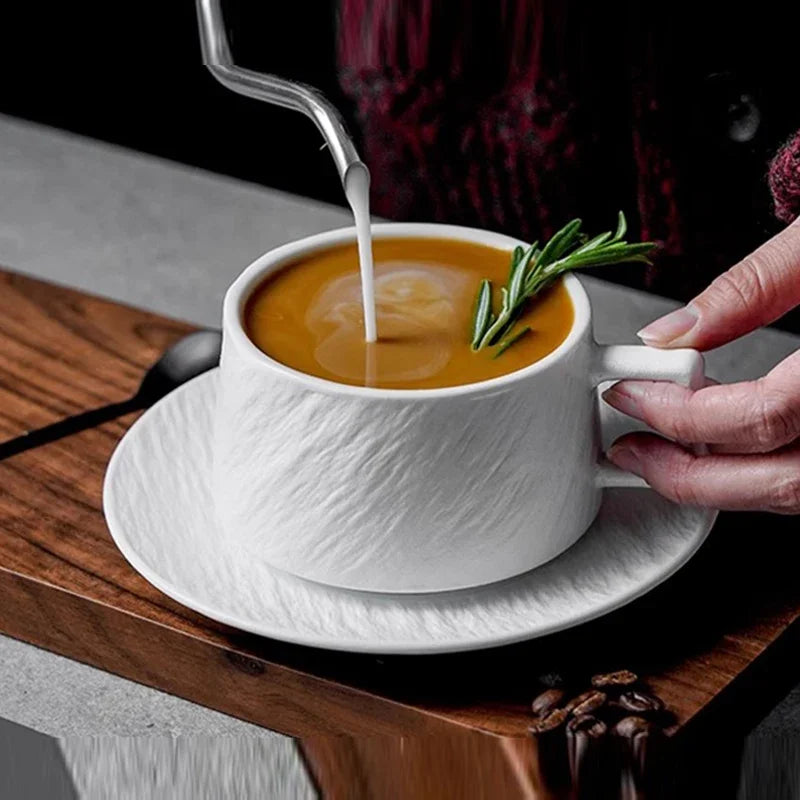 Stoneware Cup and Saucer Set, Black or White Glazed Ceramic Coffee and Tea Cup with Plate, Minimalist Drinkware for Kitchen and Dining | Lonoma