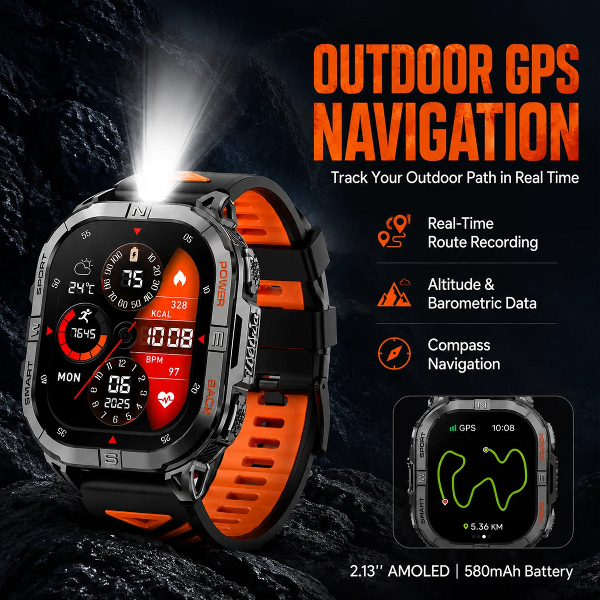 2,13 inch AMOLED robuust smartwatch Ingebouwd GPS-kompas Bluetooth-oproepen 580 mAh batterij 410*502 HD-scherm Outdoor waterdichte fitnesstracker met LED-zaklamp