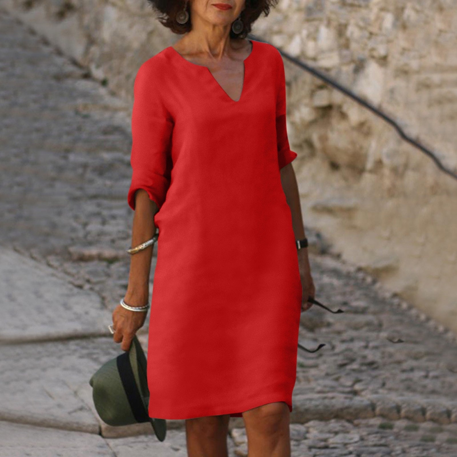 Women's V-Neck Midi Summer Dress — Elegant Everyday Dress with Short Sleeves for Warm Weather & Casual Occasions | Koossa