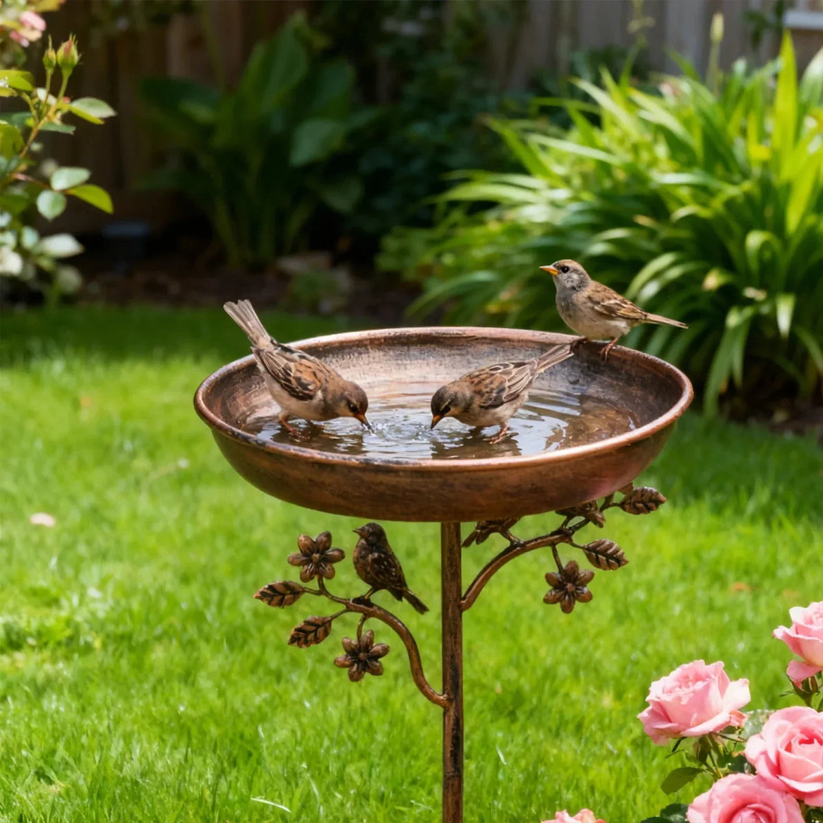 Metal Bird Bath with Garden Stake, 9.5 in Copper-Tone Outdoor Birdbath Bowl for Songbirds, Yard, Patio & Lawn, Easy Assembly | Lonoma
