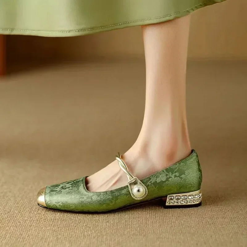 Women's Pearl-Embellished Mary Jane Shoes with Low Block Heel in Green, Black & Beige – Elegant Vintage-Inspired Footwear with Braided Strap Detail for Special Occasions and Everyday Wear | Koossa