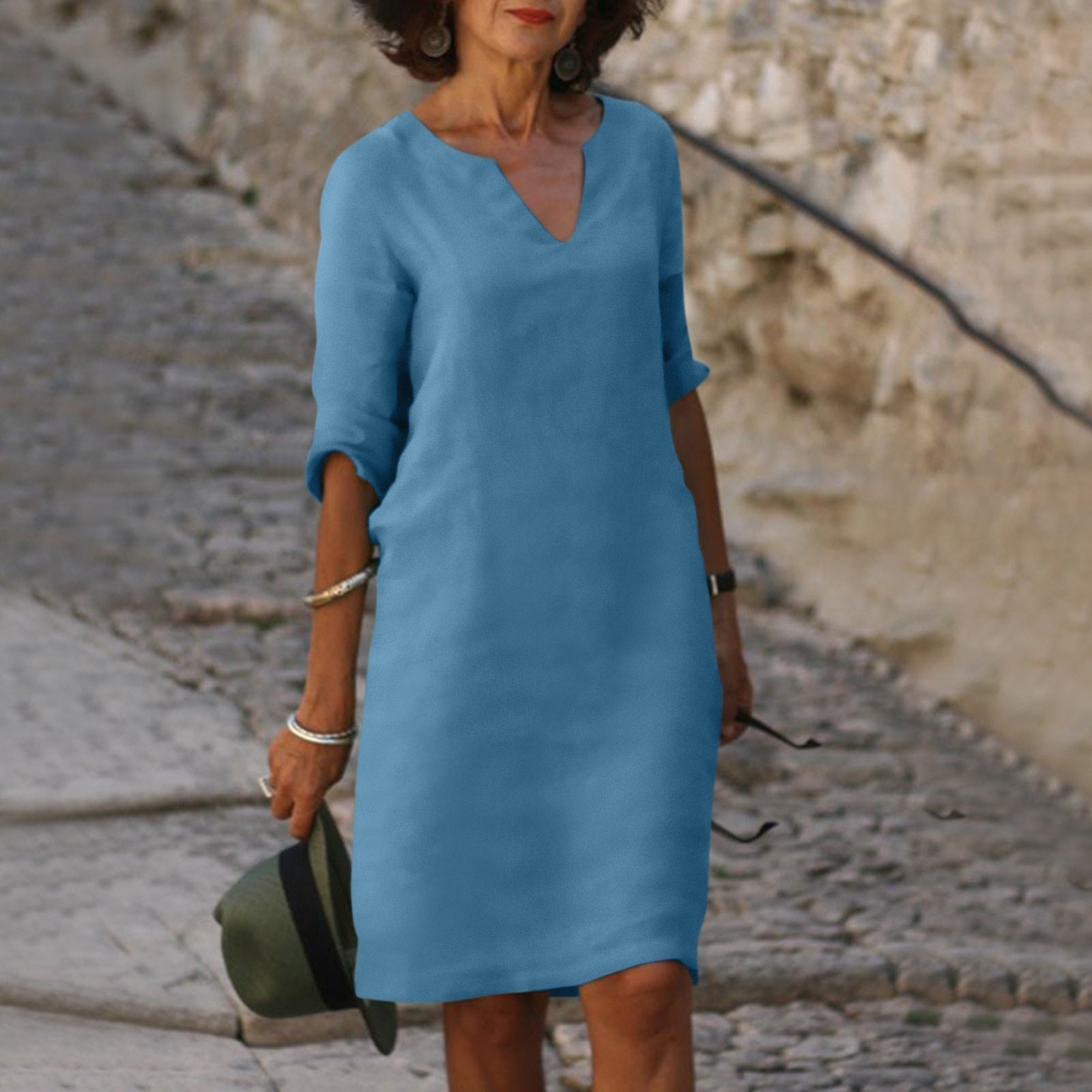 Women's V-Neck Midi Summer Dress — Elegant Everyday Dress with Short Sleeves for Warm Weather & Casual Occasions | Koossa