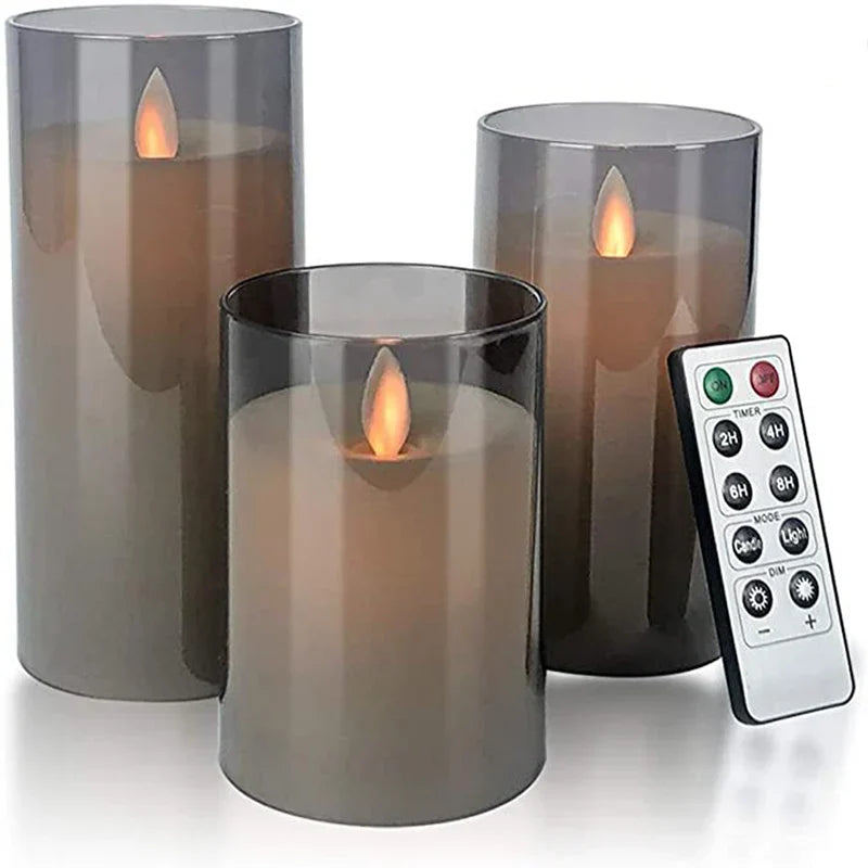 Flameless LED Pillar Candles Set of 3, Battery Operated Flickering Candles with Timer, Amber Smoke Clear for Dining Table & Mantel Decor | Lonoma