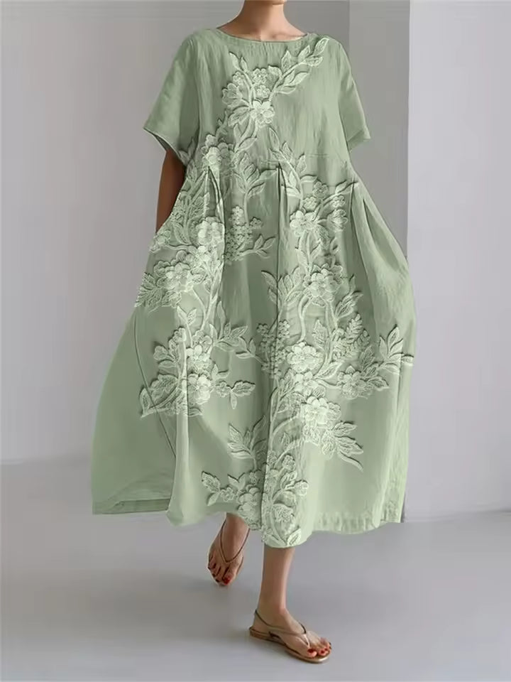 Women's Floral Midi Dress with Relaxed Silhouette and Round Neckline for Effortless Elegance | Koossa