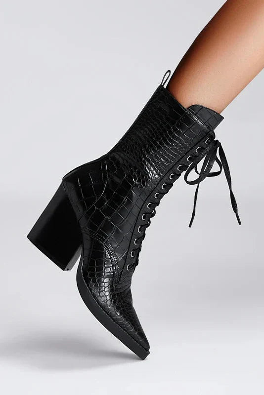 Croc-Effect Pointed Block Heel Lace-Up Ankle Boots in Brown and Black | Koossa