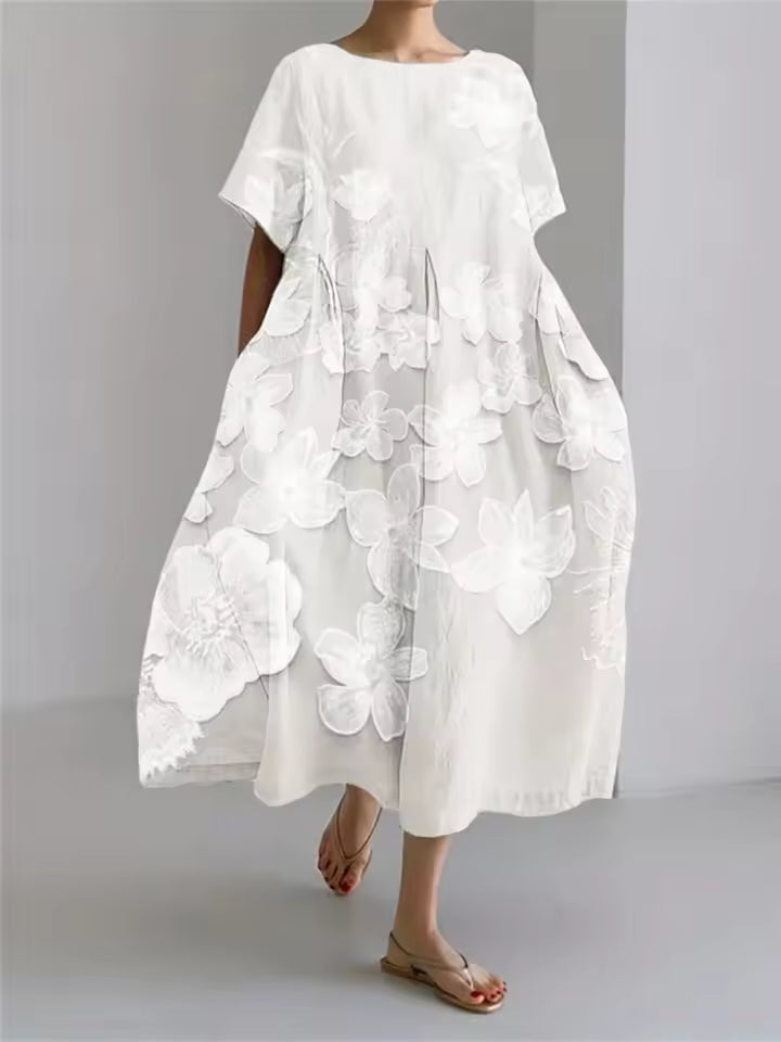 Women's Floral Midi Dress with Relaxed Silhouette and Round Neckline for Effortless Elegance | Koossa