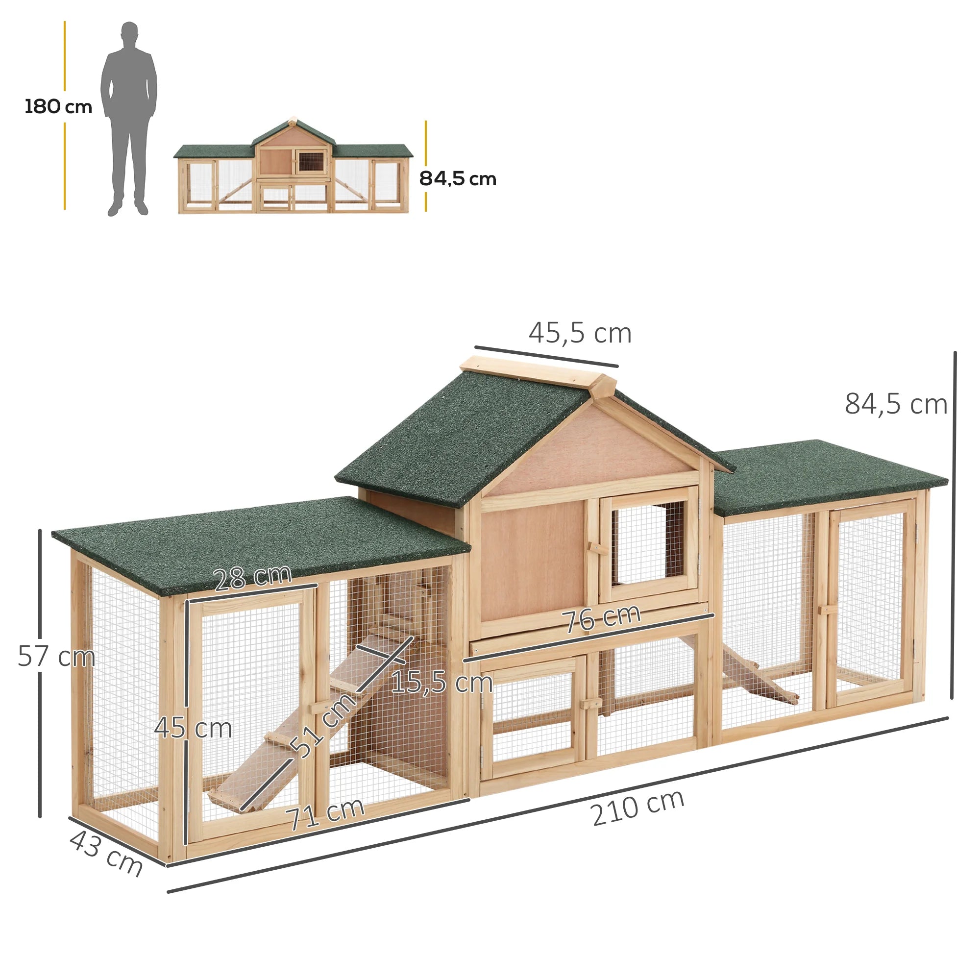 Rabbit Hutch Outdoor Large 2-4 Rabbits Wooden Guinea Pig Cage House Run 210cm Weatherproof Asphalt Roof Pull-Out Tray | Koossa