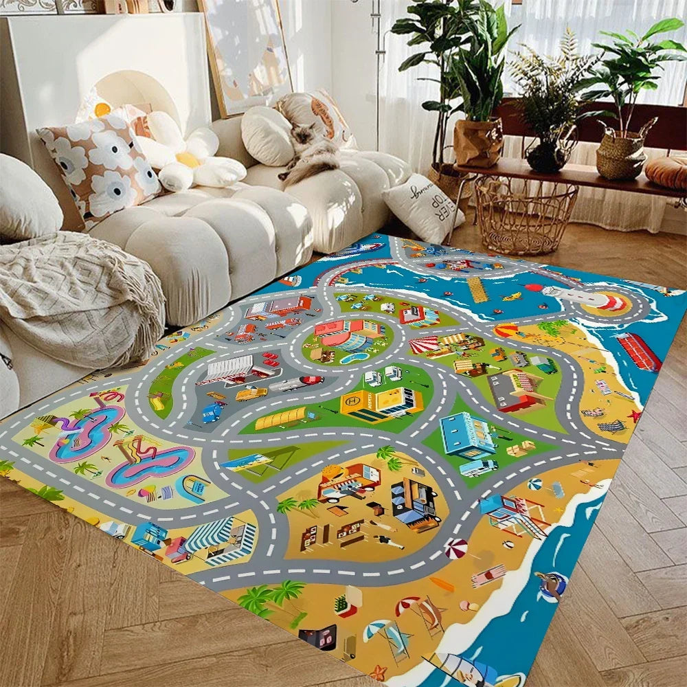 Kids Road Map Play Rug, Soft Flannel Non-Slip Washable Area Rug for Toy Cars, Playroom, Nursery, Bedroom, Toddler Floor Mat | Lonoma
