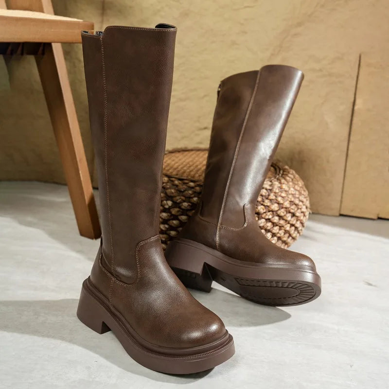 Women's Leather Knee-High Boots with Block Heel in Black and Brown | Koossa