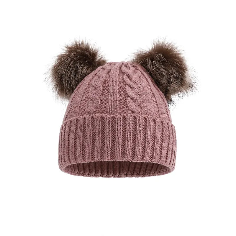 Women's Beanie Hat with Dual Faux Fur Pom-Poms – Chunky Cable Knit Winter Cap with Cuffed Design for Cold Weather | Lonoma