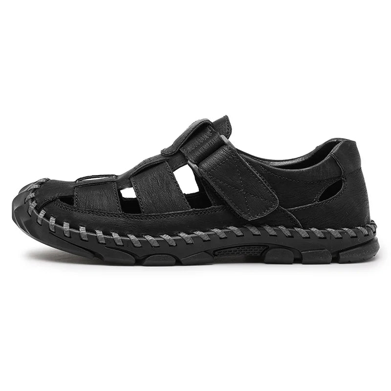 Closed-Toe Leather Fisherman Sandals for Men in Brown, Black and Grey – Supportive Everyday Summer Footwear with Adjustable Fastening and Breathable Cutout Design | Koossa