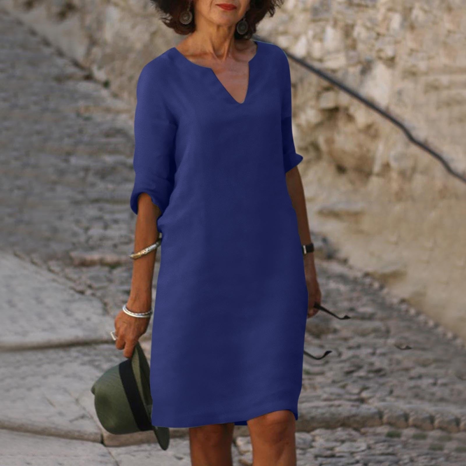 Women's V-Neck Midi Summer Dress — Elegant Everyday Dress with Short Sleeves for Warm Weather & Casual Occasions | Koossa