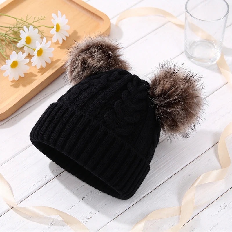 Women's Beanie Hat with Dual Faux Fur Pom-Poms – Chunky Cable Knit Winter Cap with Cuffed Design for Cold Weather | Lonoma