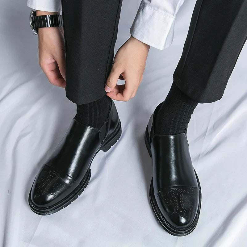 Men's Leather Slip-On Brogues with Cap Toe Detail in Black and Brown | Classic Formal Footwear for Business and Evening Occasions | Elegant Dress Shoes with Elastic Gusset | Koossa