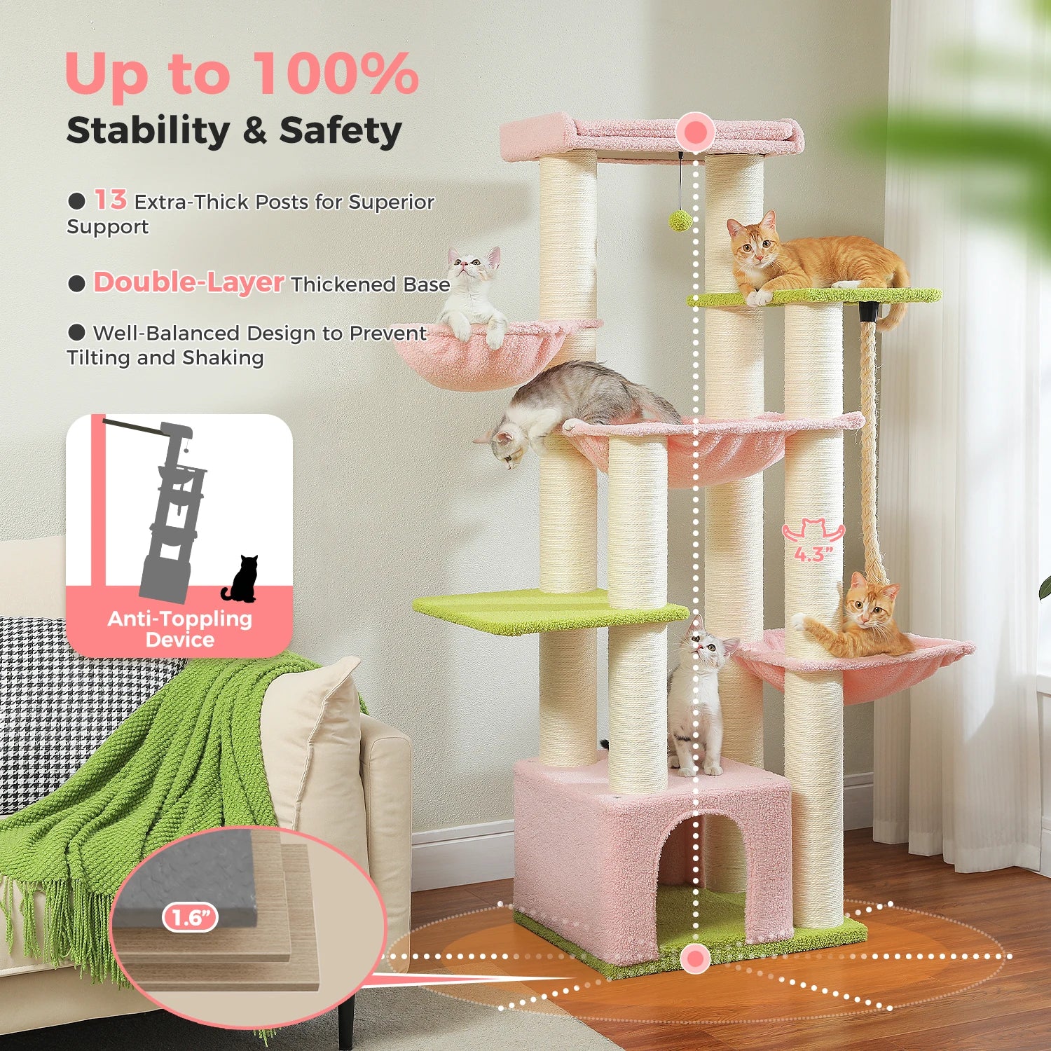 Cat Tree Large 170cm Tall Multi-Level Tower 11 Sisal Posts Steel Frame Hammocks Condo Perch Platform House 6-8 Cats Heavy Duty Climbing Scratching | Koossa